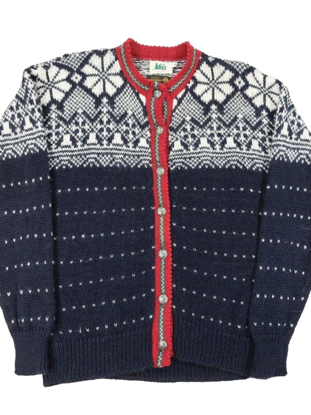 Vintage 80s REI Wool Fair Isle Cardigan Sweater Adult Medium, Winter Snowflake
